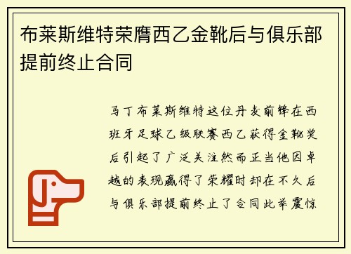 布莱斯维特荣膺西乙金靴后与俱乐部提前终止合同 布莱斯维特荣膺西乙金靴后与俱乐部提前终止合同