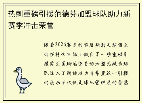 热刺重磅引援范德芬加盟球队助力新赛季冲击荣誉
